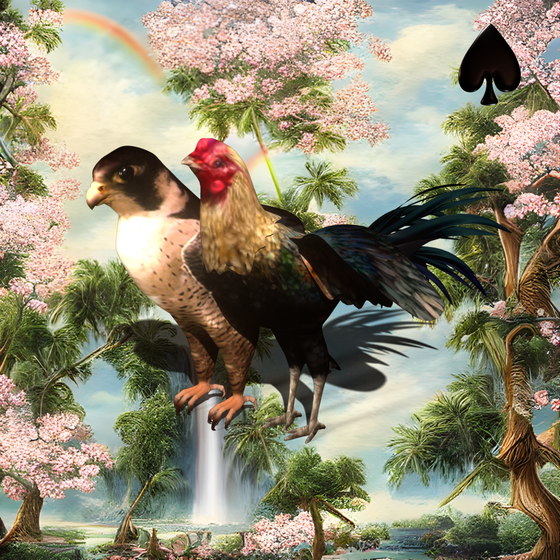 #100 | Falcon and Rooster scene with background seed 463 and a Black Spade card suit