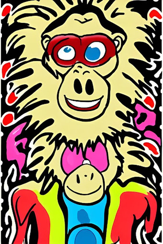 Psychonaut Ape yellow with red mask, blue, and pink eyes