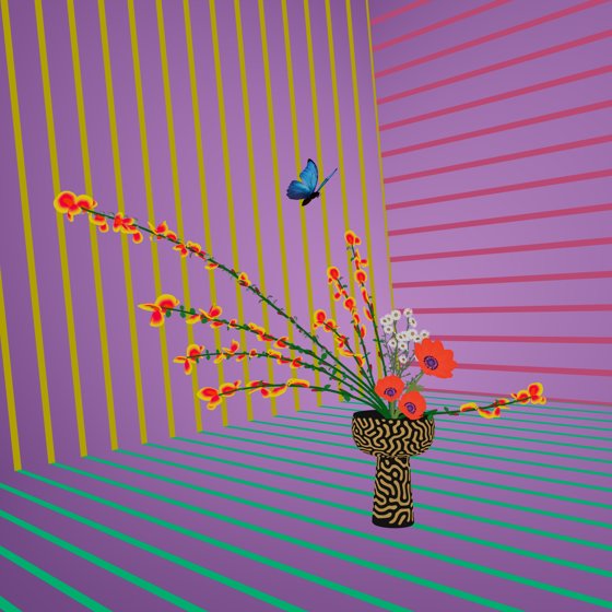 Vaporwave Snowy Michaelmas Daisies And Poppy Orange Anemone In Goblet