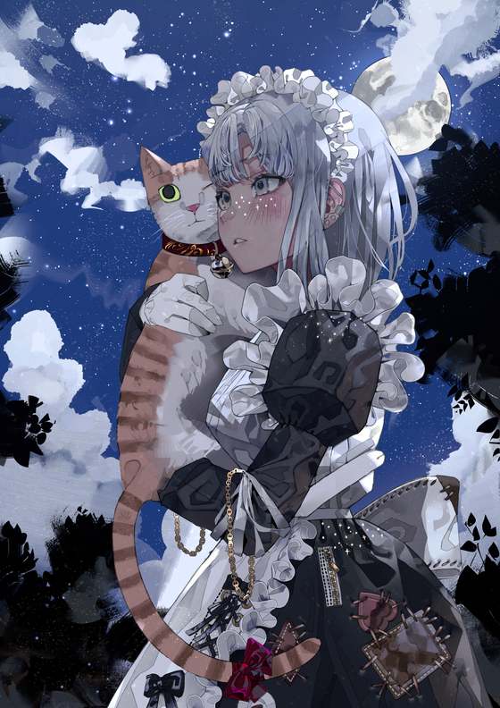 Maid, Full moon, Cat