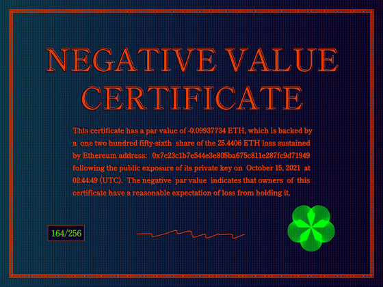 Negative Value Certificate #164 of 256