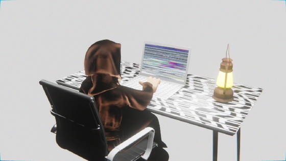 Desktop #20: The Guru in the Black Slim Chair With a Gas Lamp and a Please Stand By Monitor on a Pattern Table in The Void