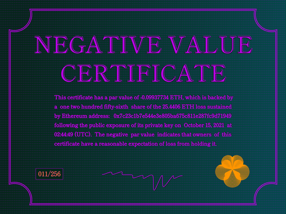 Negative Value Certificate #11 of 256