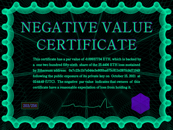 Negative Value Certificate #203 of 256