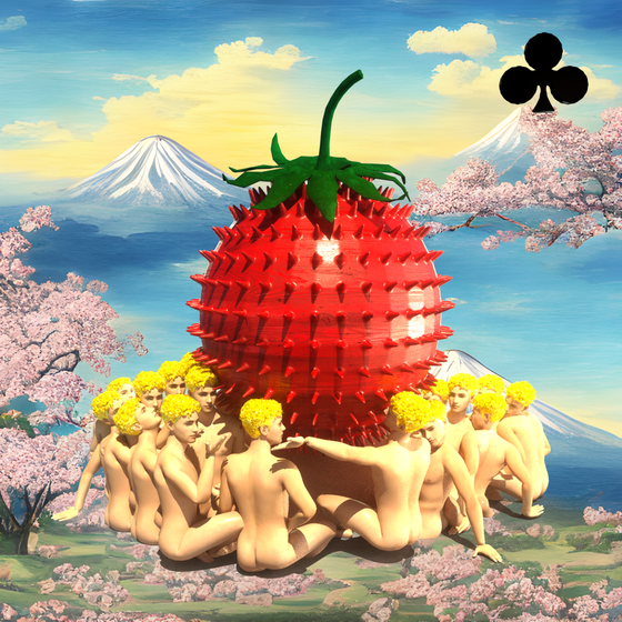 #162 | Group embracing Mega-Strawberry scene with background seed 514 and a Black Club card suit