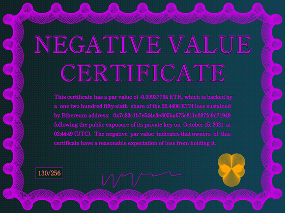 Negative Value Certificate #130 of 256