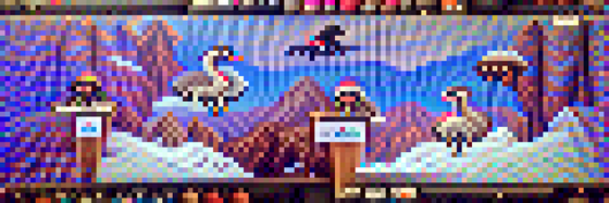 #693 The ostriches are riding snowboards in the mountains