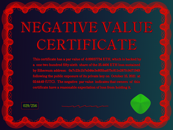 Negative Value Certificate #29 of 256