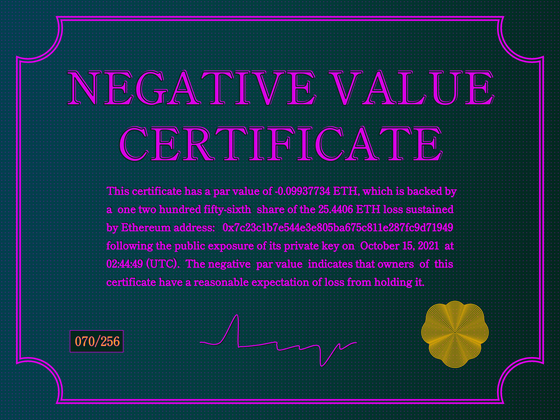 Negative Value Certificate #70 of 256