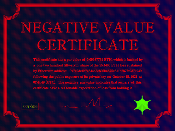 Negative Value Certificate #7 of 256