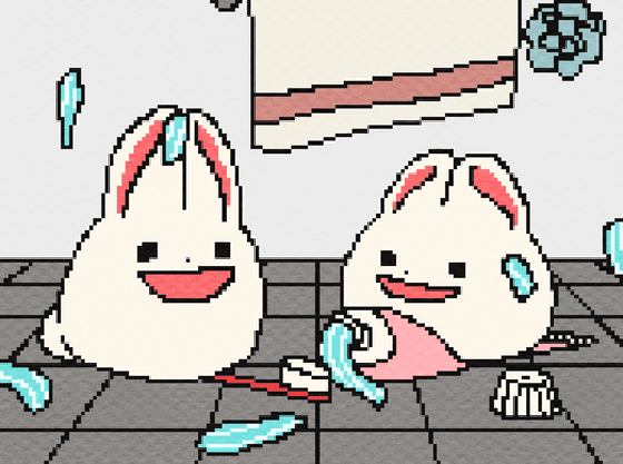 The rabbits are brushing their teeth