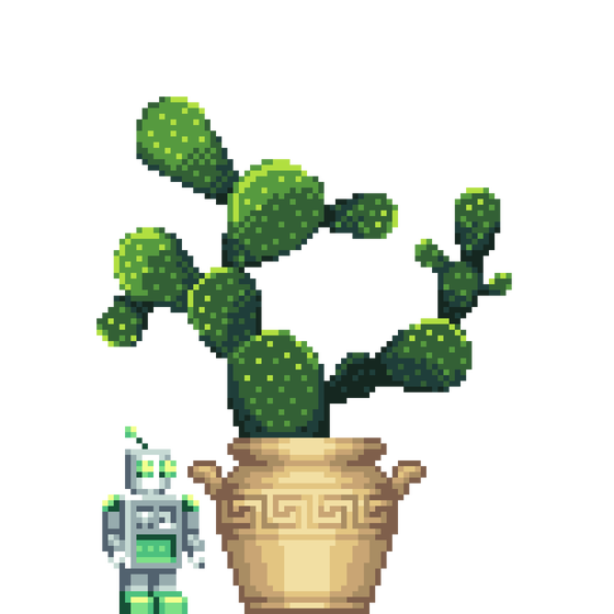 Bunny Ears Cactus in Greek Vase pot with Metal Robot