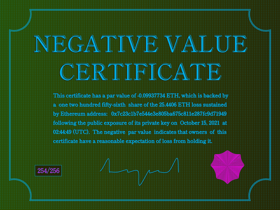 Negative Value Certificate #254 of 256