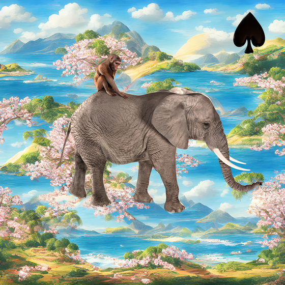 #13 | Monkey riding an elephant scene with background seed 991 and a Black Spade card suit