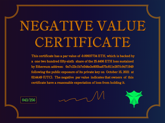 Negative Value Certificate #43 of 256