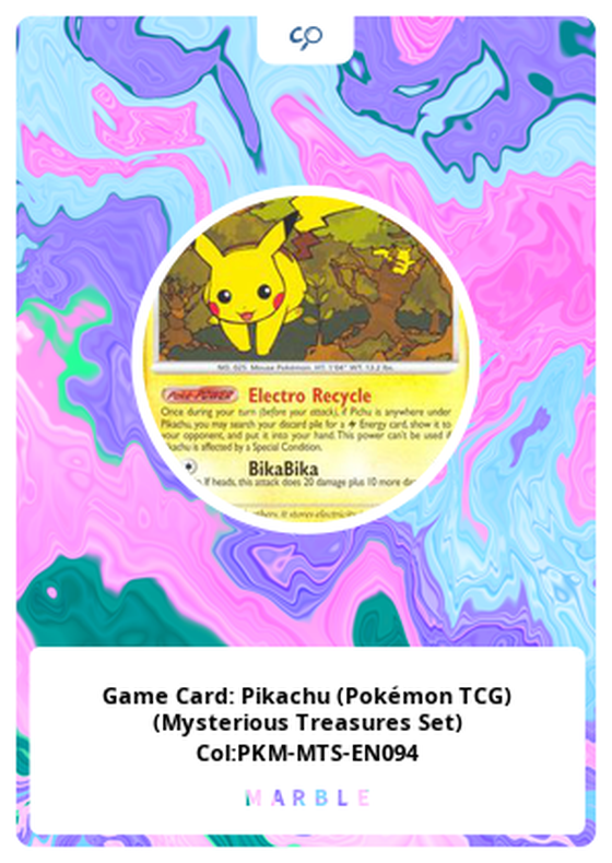 Game Card: Pikachu (Pokémon TCG) (Mysterious Treasures Set) Col:PKM-MTS-EN094