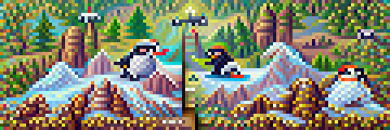 #56 The penguins are riding snowboards in the mountains