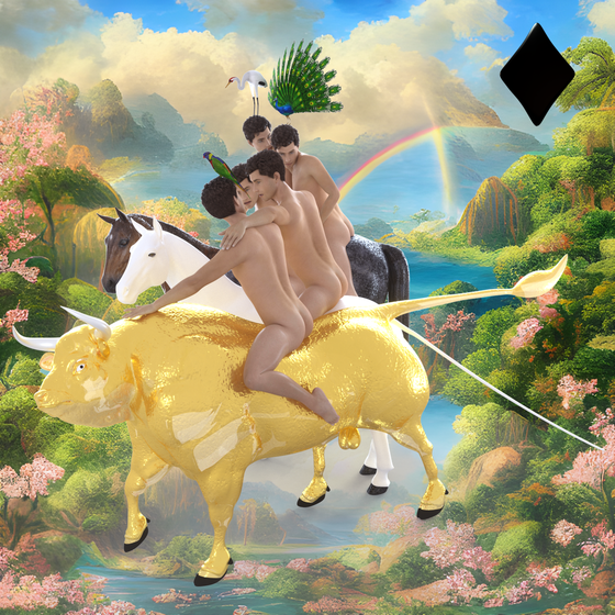 #290 | Man riding golden bull in group scene with background seed 447 and a Black Diamond card suit