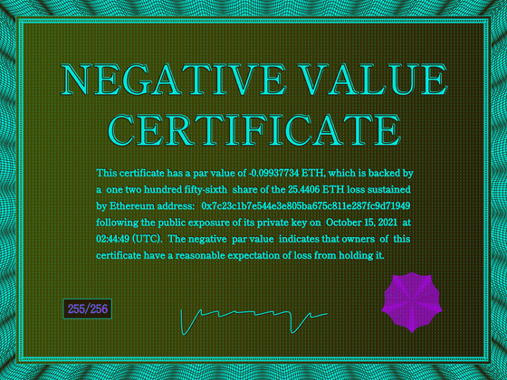 Negative Value Certificate #255 of 256