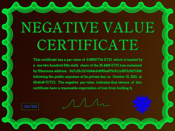 Negative Value Certificate #190 of 256