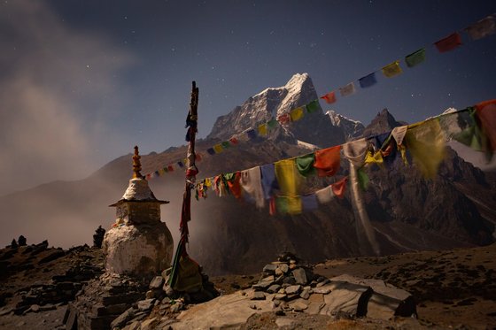 The Mantra  (Taboche Peak with stupa and prayer flags)